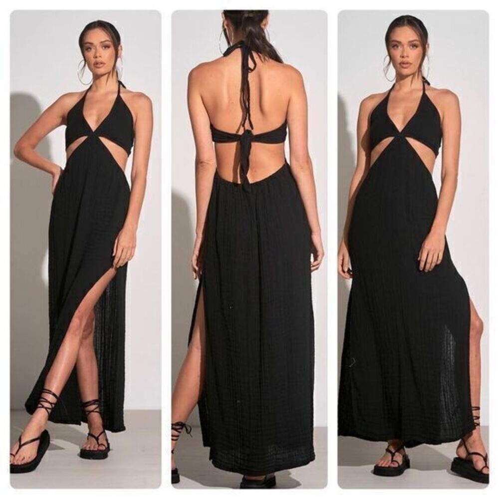 NEW ELAN goddess gauzy flowy maxi cut out halter dress in black